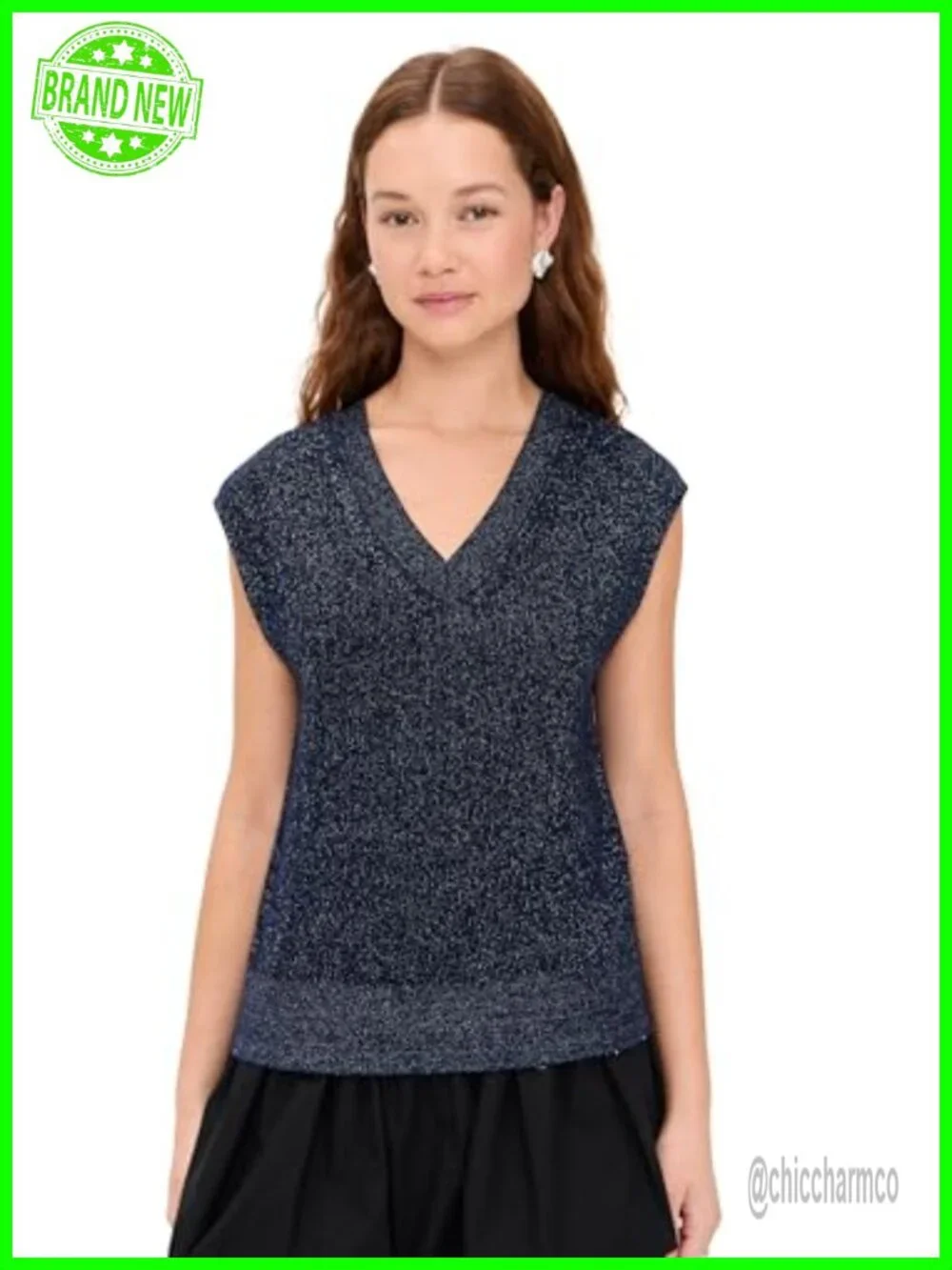 Metallic V-Neck Knit Sweater Vest Sleeveless